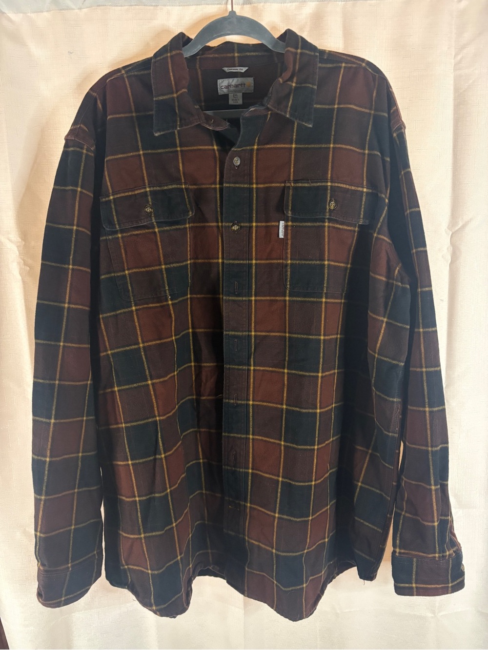 Carhartt Flannel Shirt Men's 2XL Tall Brown Plaid Original Fit Button Up